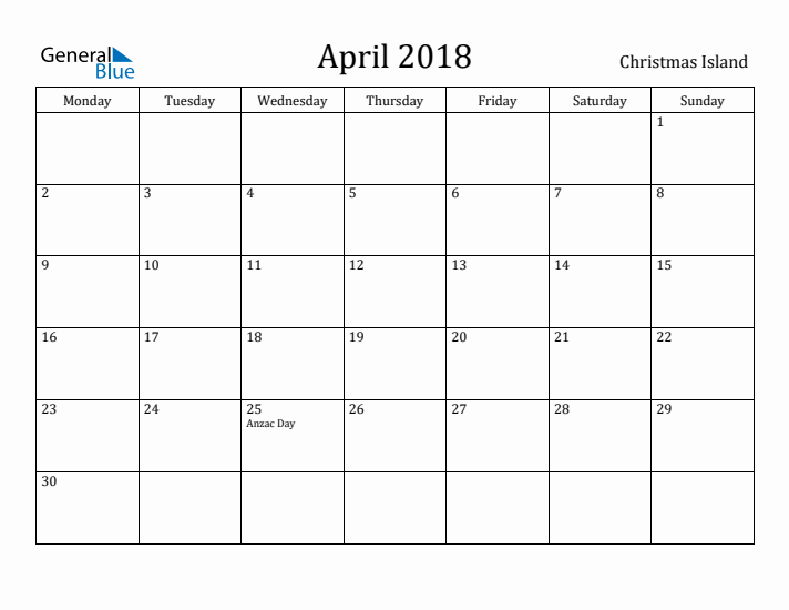 April 2018 Calendar Christmas Island
