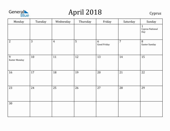 April 2018 Calendar Cyprus
