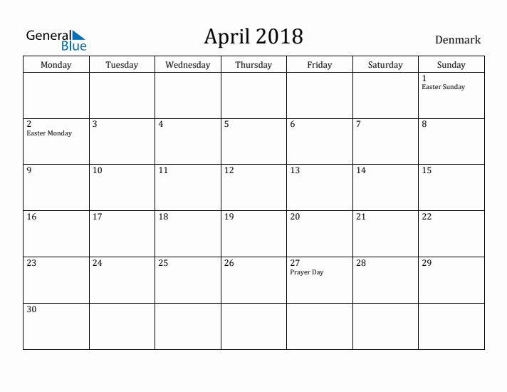 April 2018 Calendar Denmark