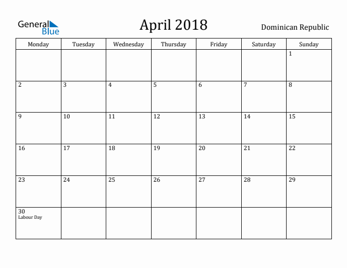 April 2018 Calendar Dominican Republic
