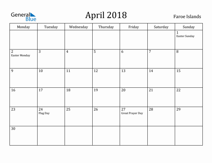 April 2018 Calendar Faroe Islands