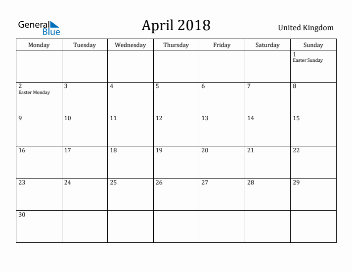 April 2018 Calendar United Kingdom