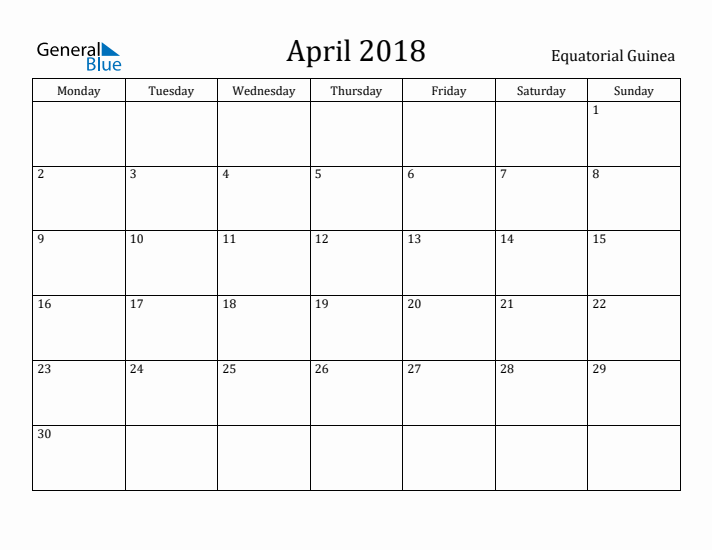 April 2018 Calendar Equatorial Guinea