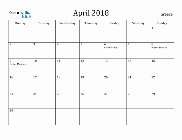 April 2018 Calendar Greece