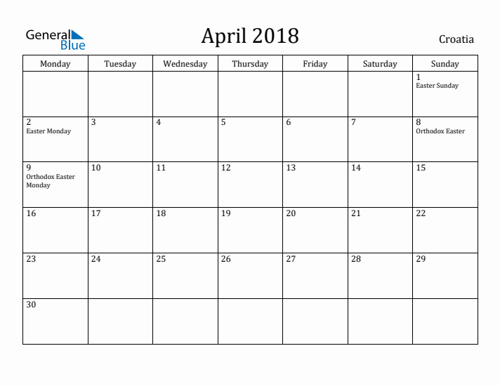 April 2018 Calendar Croatia