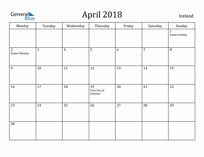 April 2018 Calendar Iceland