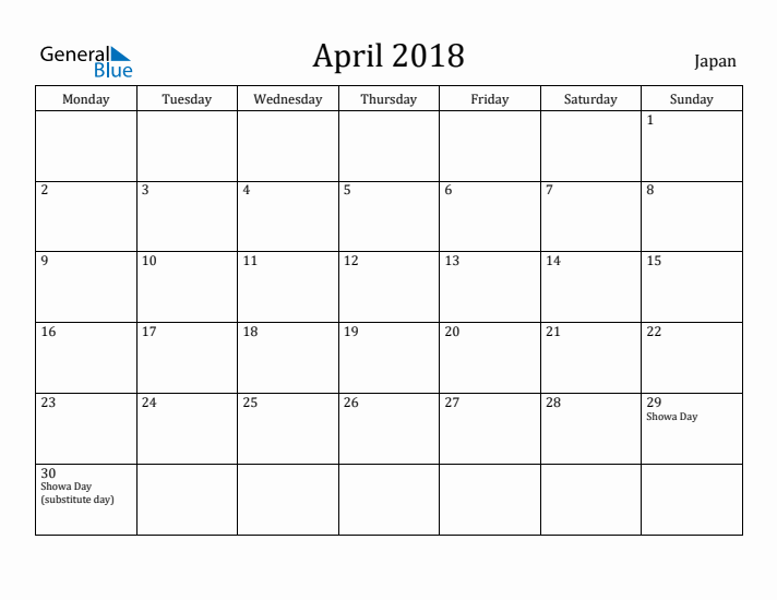 April 2018 Calendar Japan