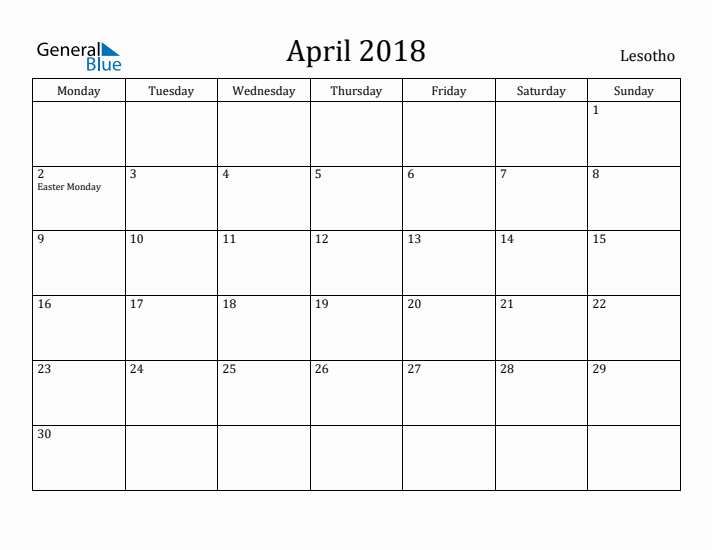April 2018 Calendar Lesotho