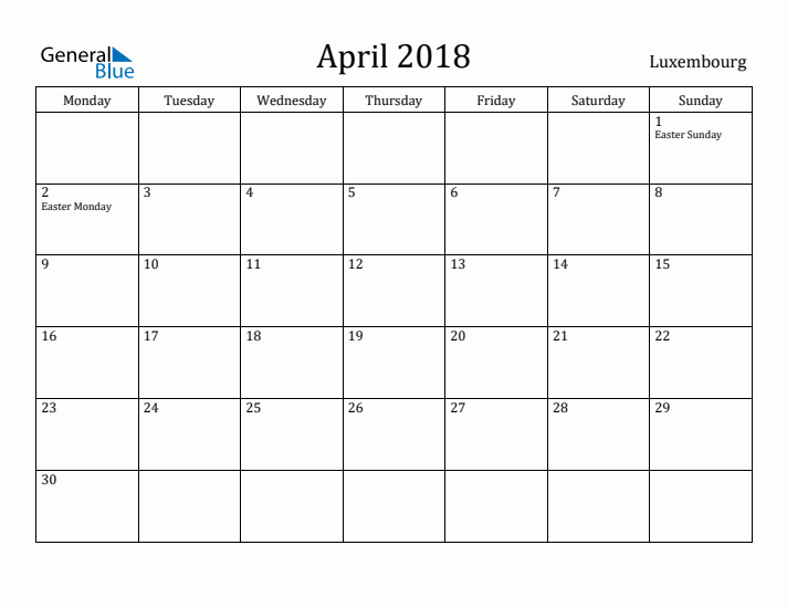 April 2018 Calendar Luxembourg
