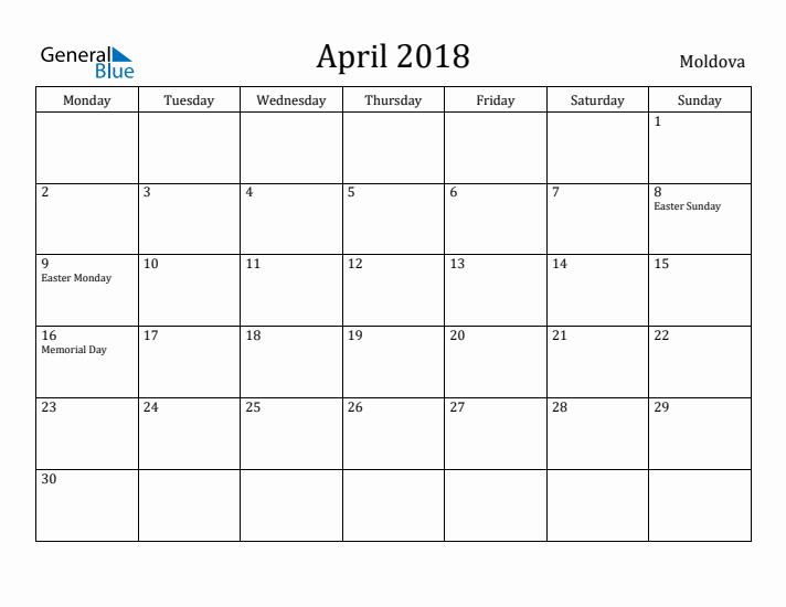 April 2018 Calendar Moldova