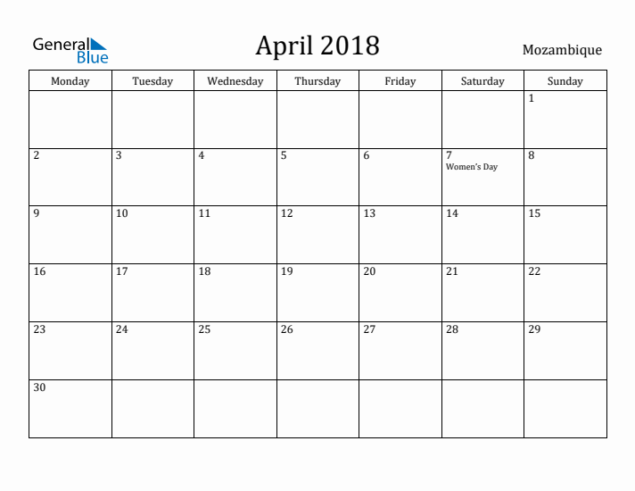 April 2018 Calendar Mozambique