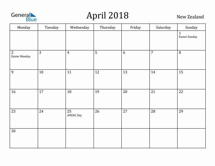 April 2018 Calendar New Zealand