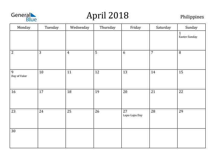 April 2018 Calendar Philippines