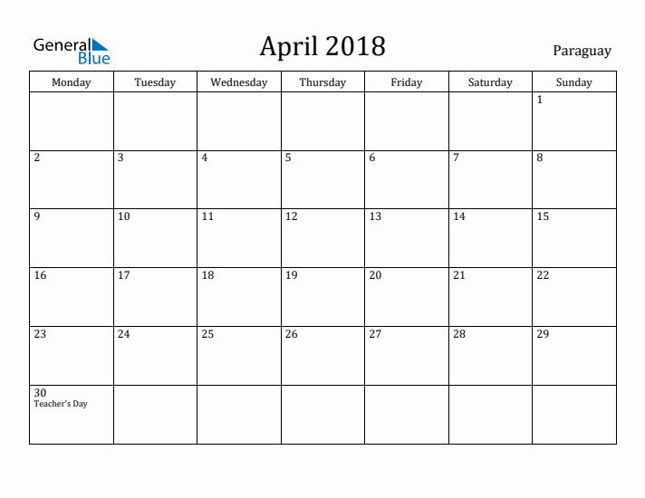 April 2018 Calendar Paraguay