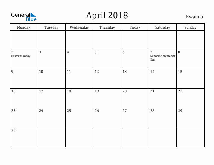 April 2018 Calendar Rwanda