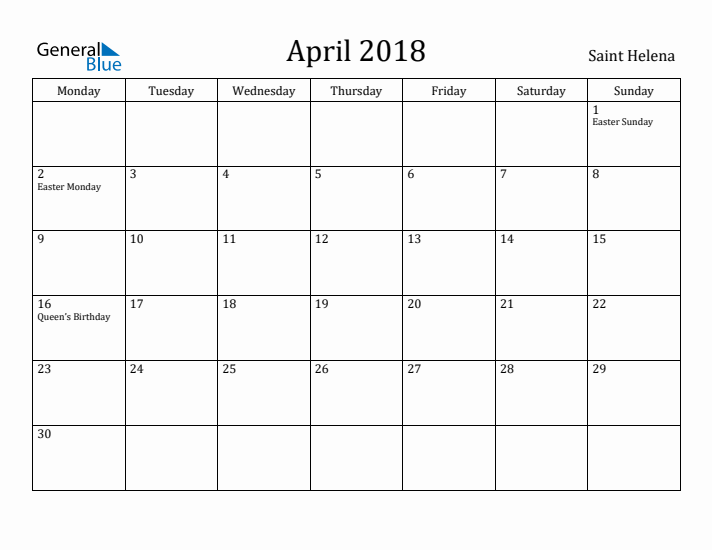 April 2018 Calendar Saint Helena