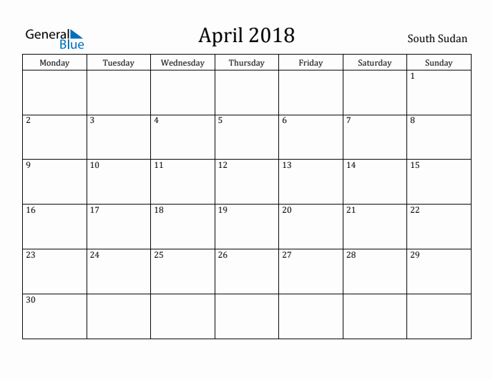 April 2018 Calendar South Sudan