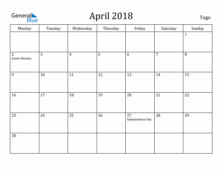 April 2018 Calendar Togo