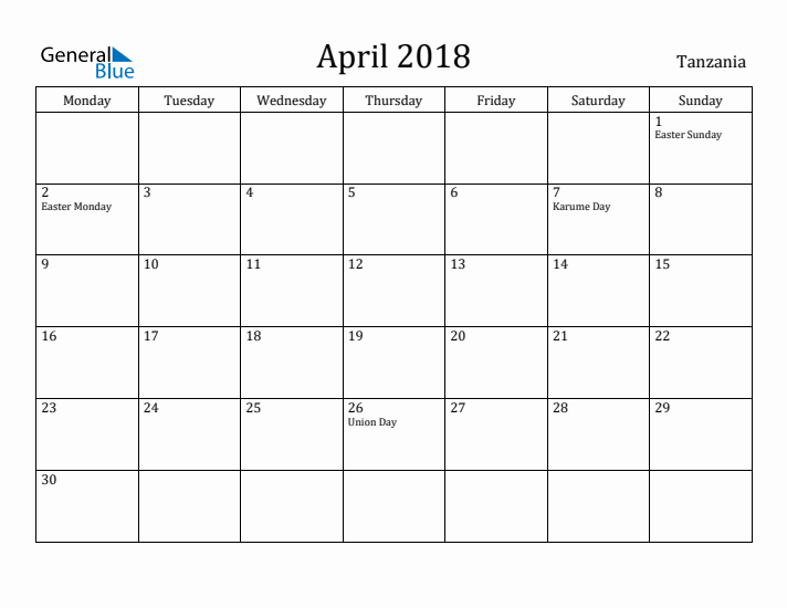 April 2018 Calendar Tanzania