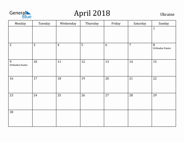 April 2018 Calendar Ukraine