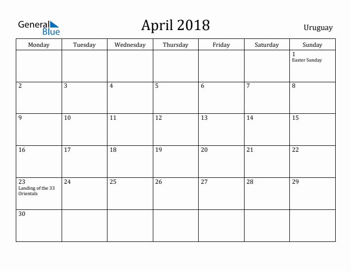 April 2018 Calendar Uruguay