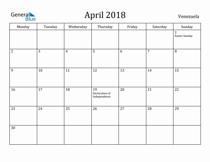 April 2018 Calendar Venezuela