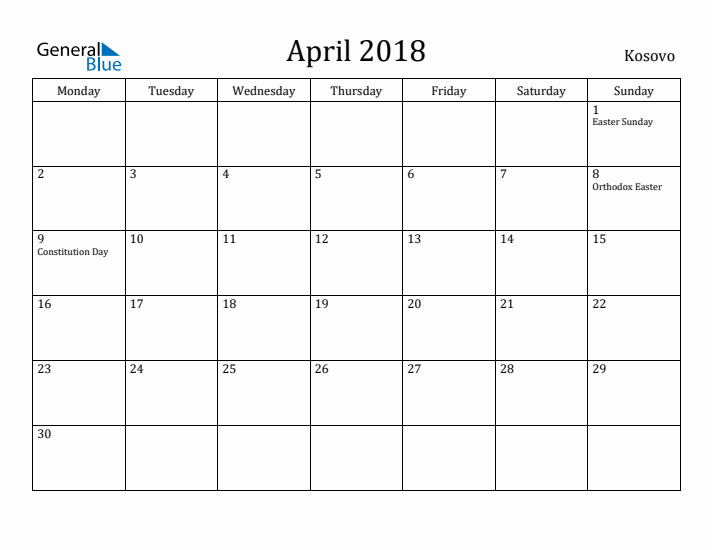 April 2018 Calendar Kosovo