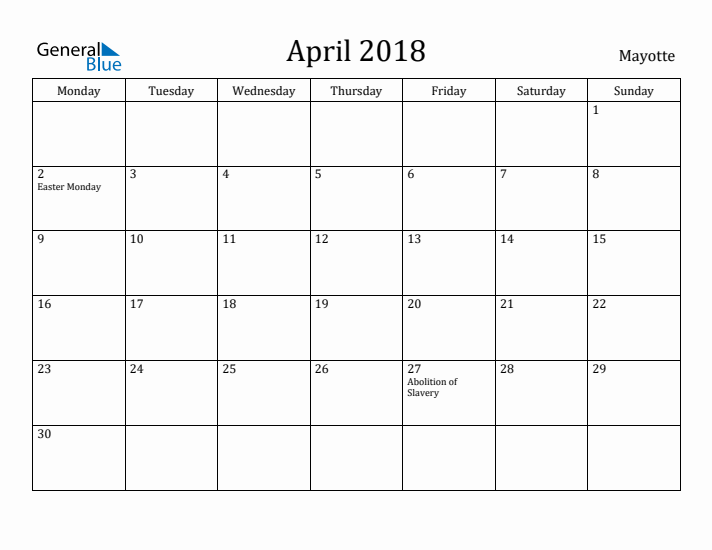 April 2018 Calendar Mayotte