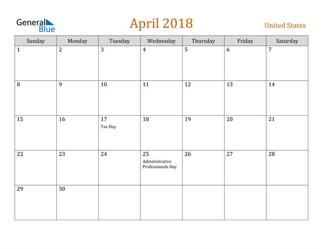 April 2018 Holiday Calendar