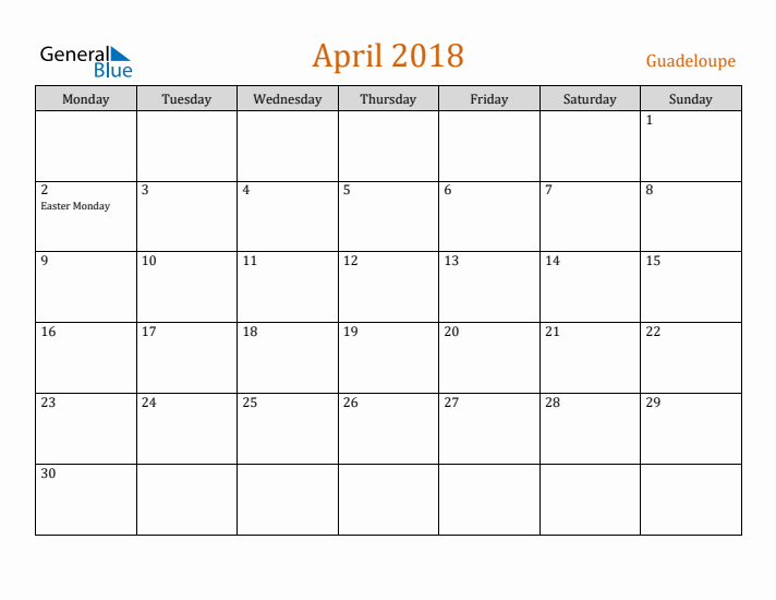 April 2018 Holiday Calendar with Monday Start
