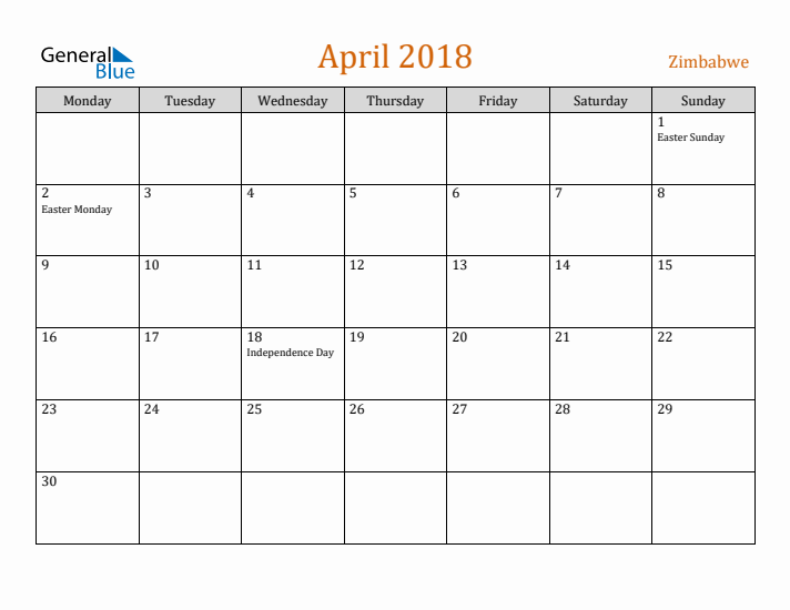 April 2018 Holiday Calendar with Monday Start