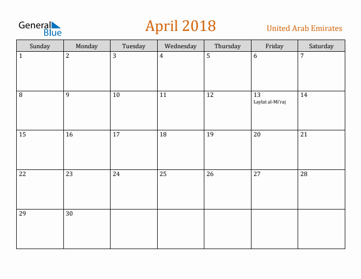 April 2018 Calendar With United Arab Emirates Holidays