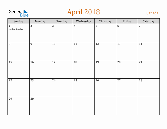 April 2018 Holiday Calendar with Sunday Start