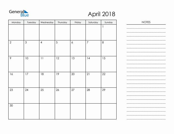 Printable Monthly Calendar with Notes - April 2018