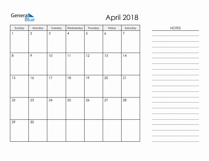 Printable Monthly Calendar with Notes - April 2018