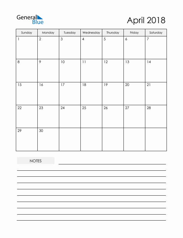 Printable Calendar with Notes - April 2018 