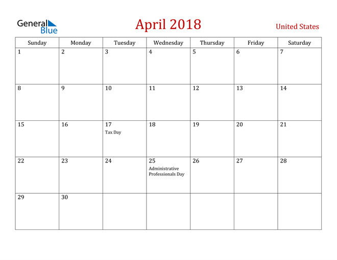 United States April 2018 Calendar