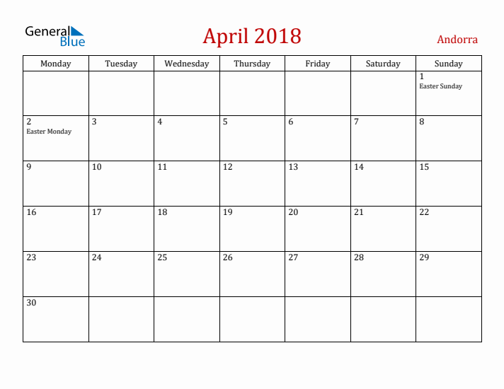 Andorra April 2018 Calendar - Monday Start