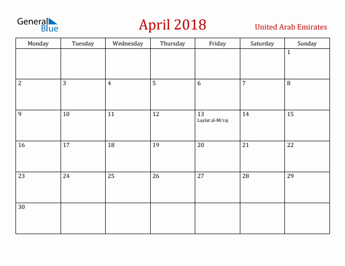 United Arab Emirates April 2018 Calendar - Monday Start