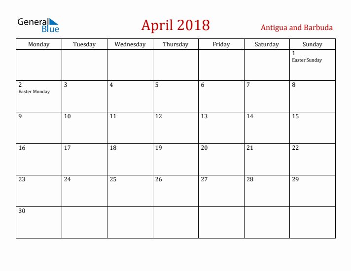 Antigua and Barbuda April 2018 Calendar - Monday Start