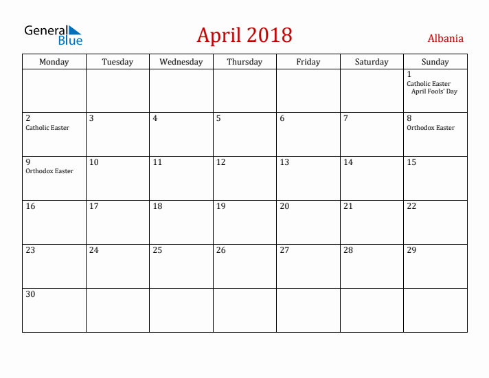 Albania April 2018 Calendar - Monday Start