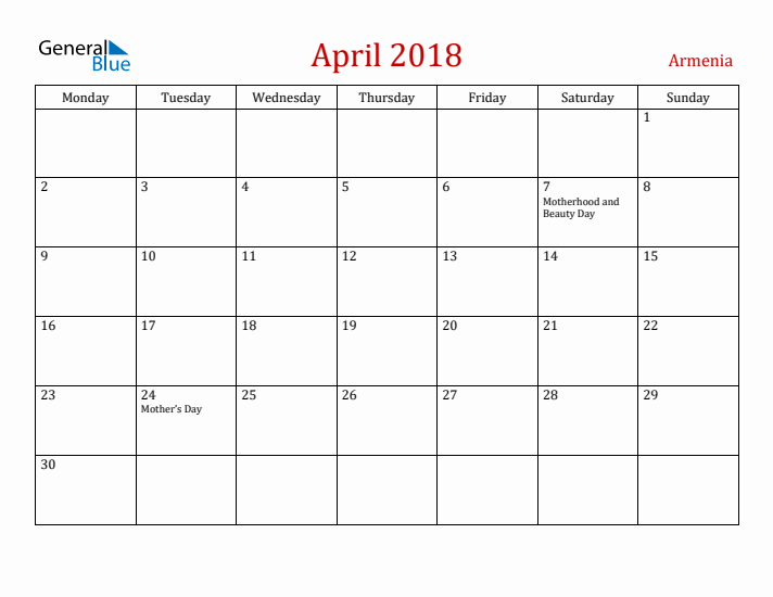 Armenia April 2018 Calendar - Monday Start