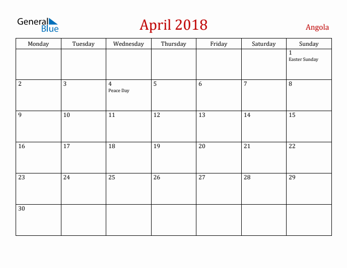 Angola April 2018 Calendar - Monday Start
