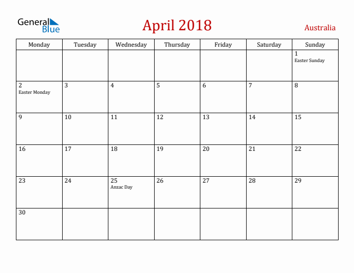 Australia April 2018 Calendar - Monday Start