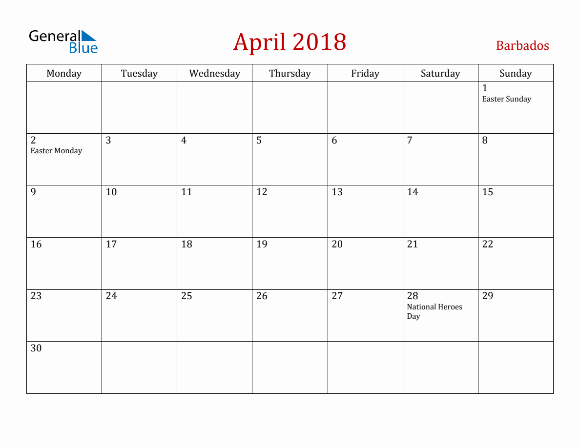 april-2018-barbados-monthly-calendar-with-holidays