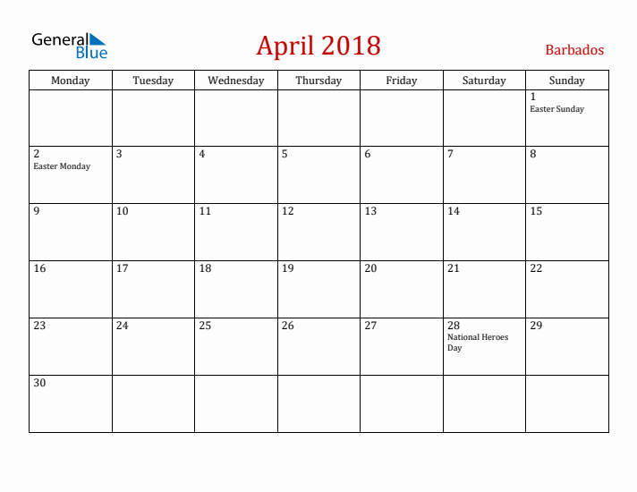 Barbados April 2018 Calendar - Monday Start