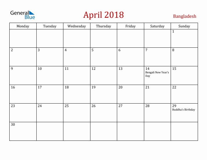 Bangladesh April 2018 Calendar - Monday Start