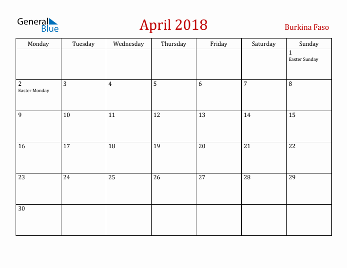 Burkina Faso April 2018 Calendar - Monday Start