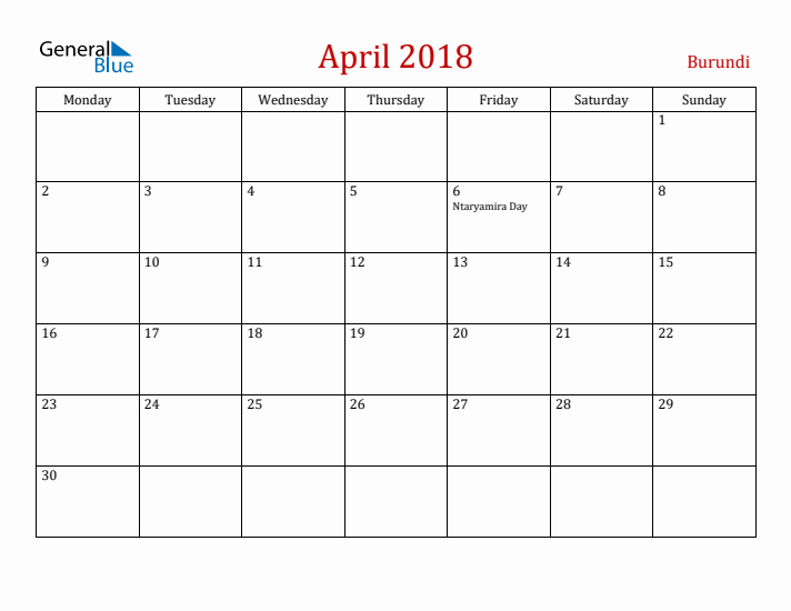 Burundi April 2018 Calendar - Monday Start