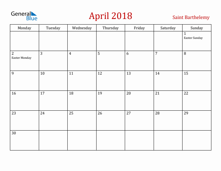 Saint Barthelemy April 2018 Calendar - Monday Start